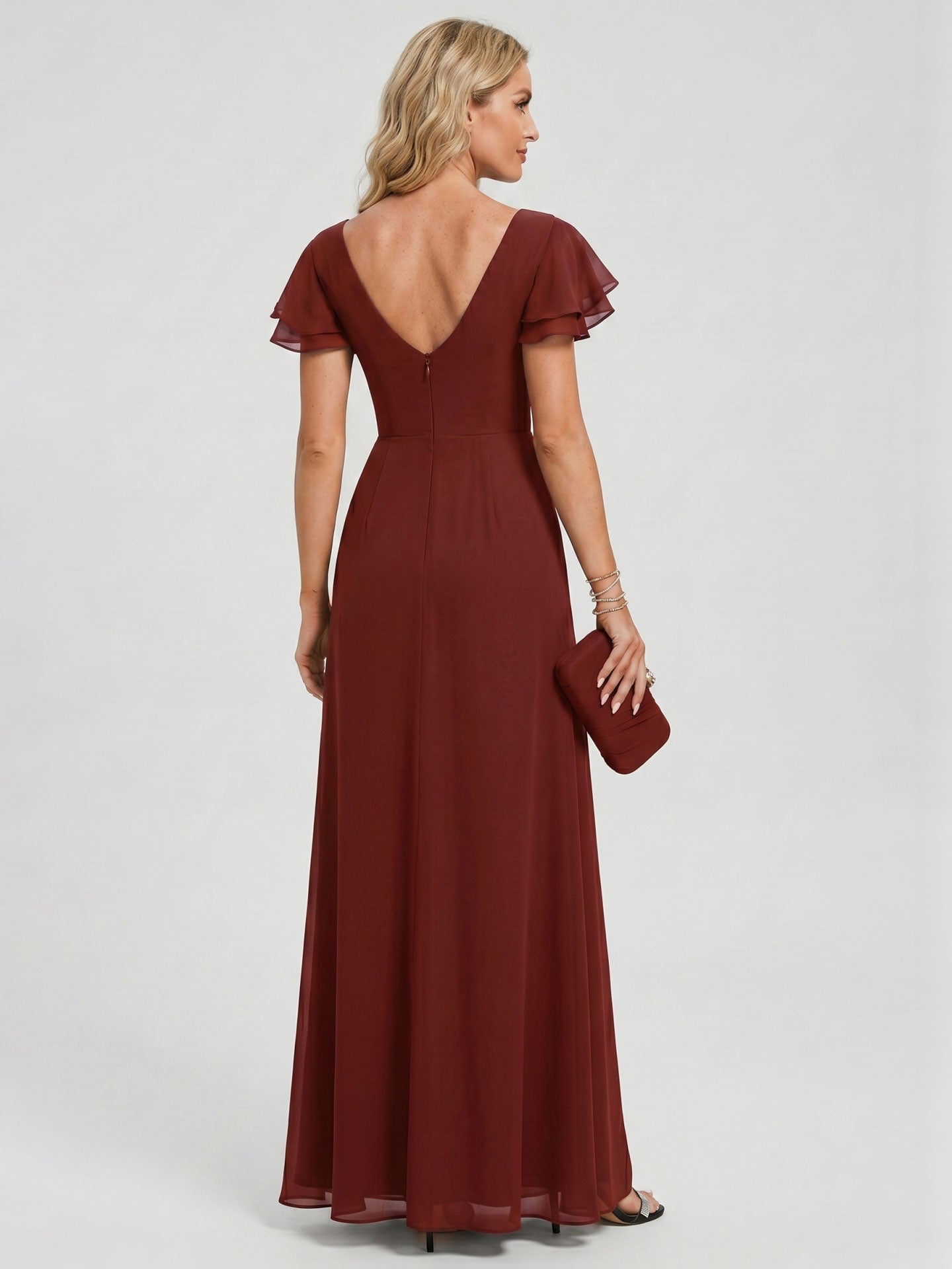 Modest Burgundy Chiffon A-Line Scoop Neck V-Back with nan Ankle-Length Bridesmaid Dress - Curvevia
