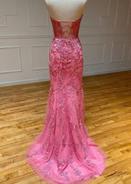 Mermaid Strapless Lace Evening Dress With Appliques - Curvevia