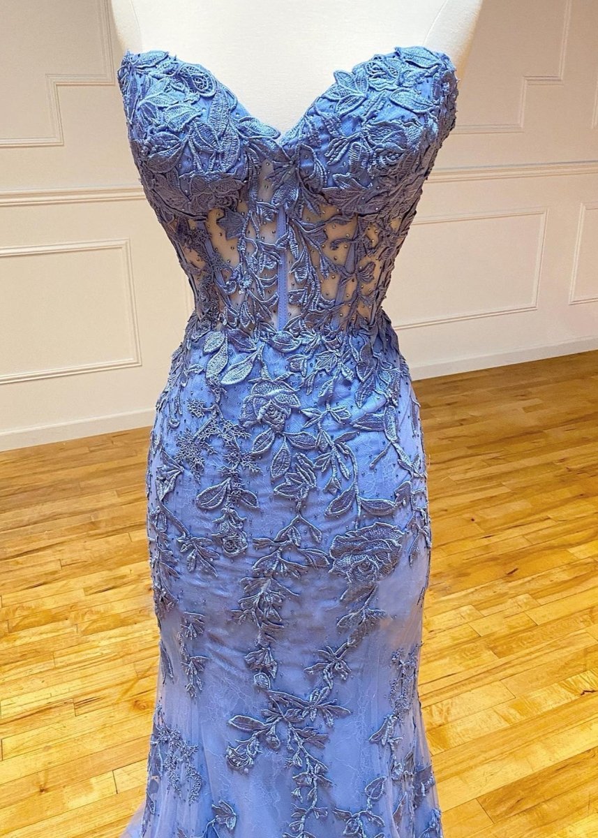 Mermaid Strapless Lace Evening Dress With Appliques - Curvevia