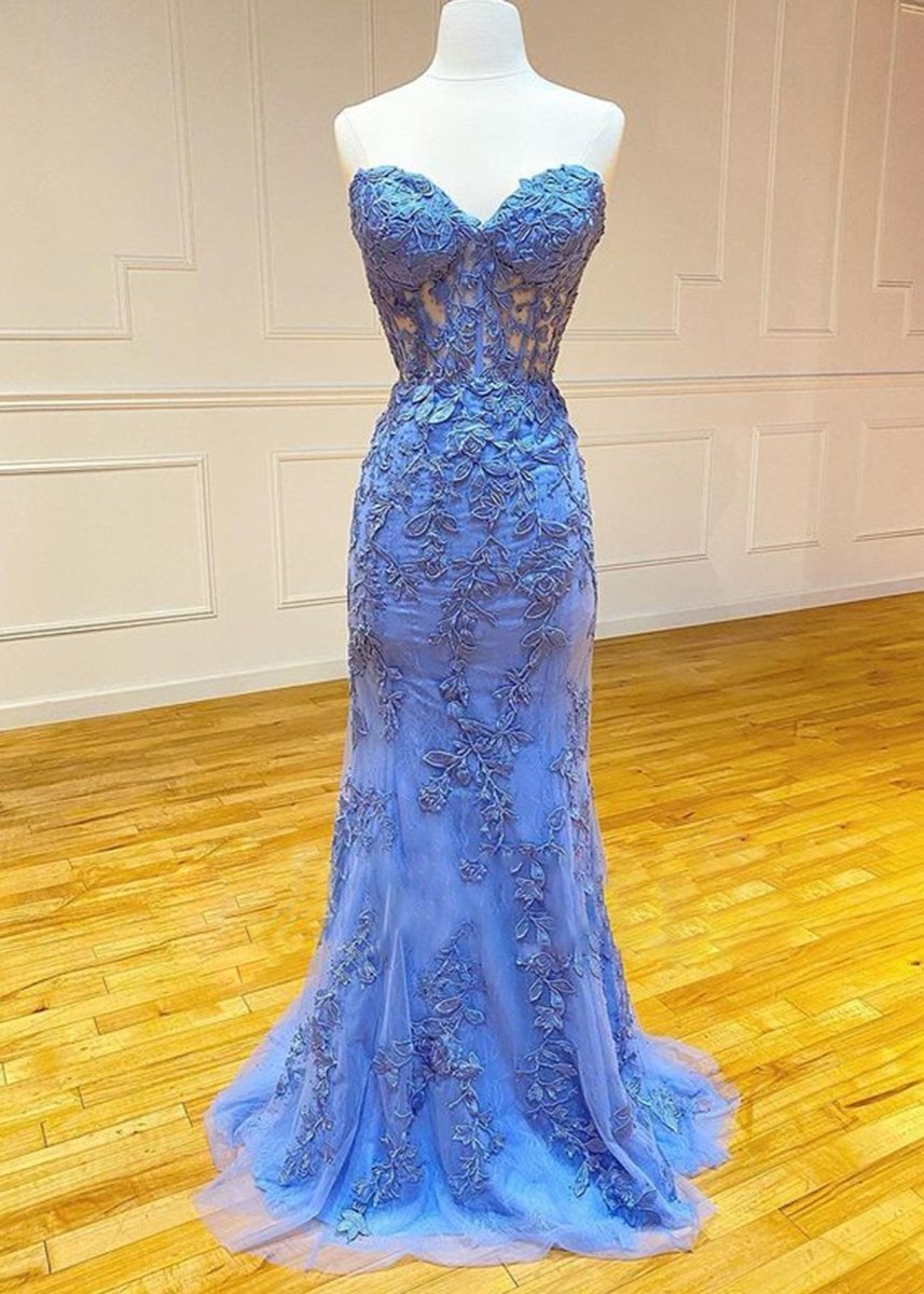 Mermaid Strapless Lace Evening Dress With Appliques - Curvevia