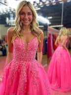 Spaghetti Straps Pink A Line Lace Long Evening Dress - Curvevia