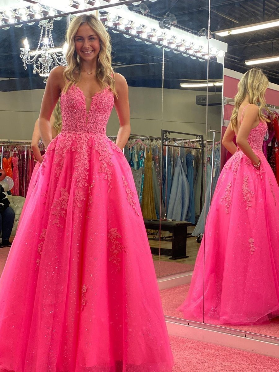 Spaghetti Straps Pink A Line Lace Long Evening Dress - Curvevia