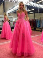 Spaghetti Straps Pink A Line Lace Long Evening Dress - Curvevia