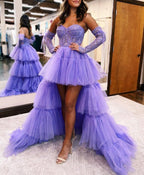 A-Line Asymmetrical Strapless Tiered Tulle Wedding Guest Dress - Curvevia