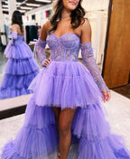 A-Line Asymmetrical Strapless Tiered Tulle Wedding Guest Dress - Curvevia