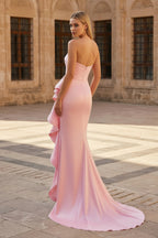 Pink Mermaid Strapless Satin Ruffled Long Prom Dresses with Slit - Curvevia