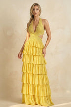 Royal Blue A-Line Halter Satin Beaded Long Wedding Guest Dress With Ruffles - Curvevia