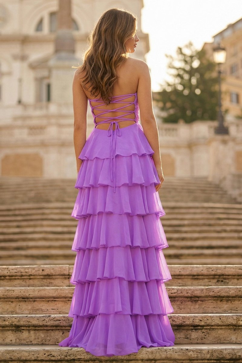 Purple Strapless A Line Chiffon Long Evening Dress With Ruffles - Curvevia