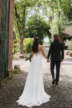 Boho A-Line V Neck Chiffon Wedding Dresses with Appliques - Curvevia