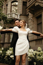Bodycon Square Neck Satin Short Wedding Dresses with Lantern Sleeves - Curvevia