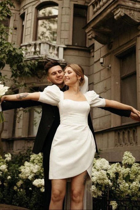 Bodycon Square Neck Satin Short Wedding Dresses with Lantern Sleeves - Curvevia