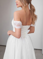 Sweet A-Line Off-The-Shoulder Little White Tulle Wedding Dresses - Curvevia