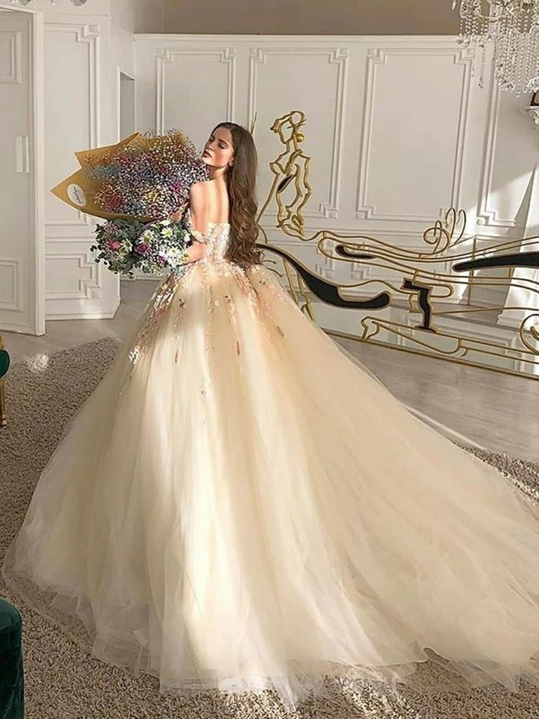 Off Shoulder Long Champagne Lace Champagne Quinceanera Dresses - Curvevia