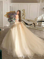Off Shoulder Long Champagne Lace Champagne Quinceanera Dresses - Curvevia