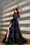 Black Shiny Tulle Floor Length Mother of the Bride Dress Black Mother of the Bride Dress with Slit - Curvevia