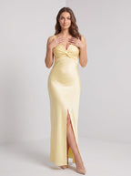 Daffodil Satin A-Line V-Neck Backless Floor-Length Dress with Side Slit - Curvevia