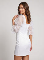 White Satin Column Square Neck Back Zip Short Dress with Puff Sleeves - Curvevia