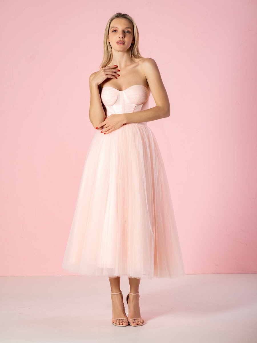 Strapless Puffy Midi Tulle Dress - Curvevia