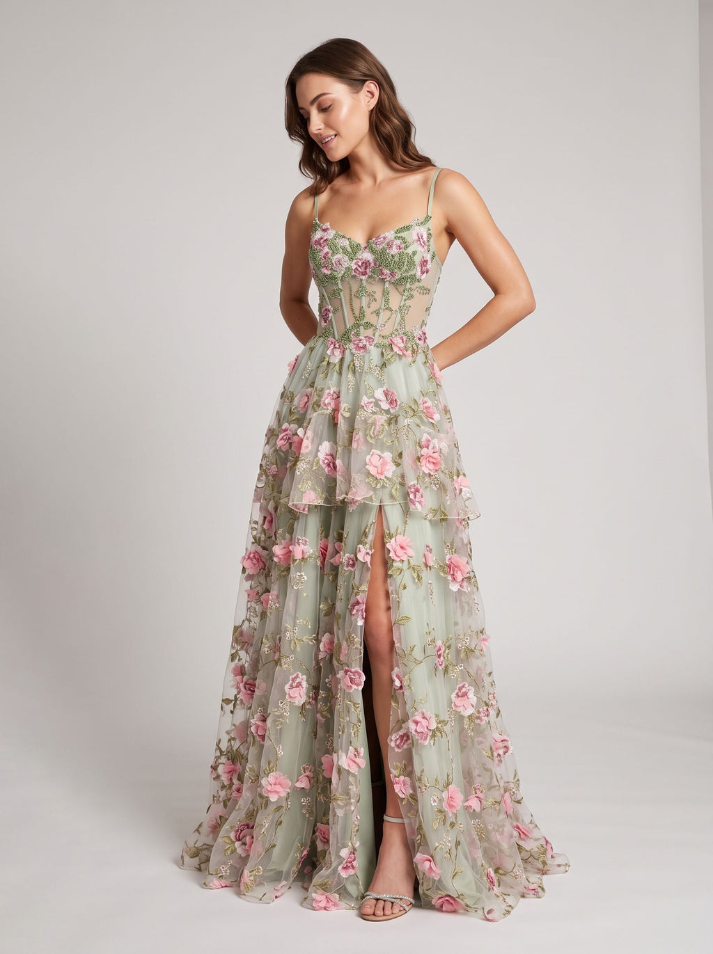 Sage Green Tulle A-Line Sweetheart Lace-up Floor-Length Dress with Sheer Corset - Curvevia
