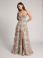 Sage Green Tulle A-Line Sweetheart Lace-up Floor-Length Dress with Sheer Corset - Curvevia
