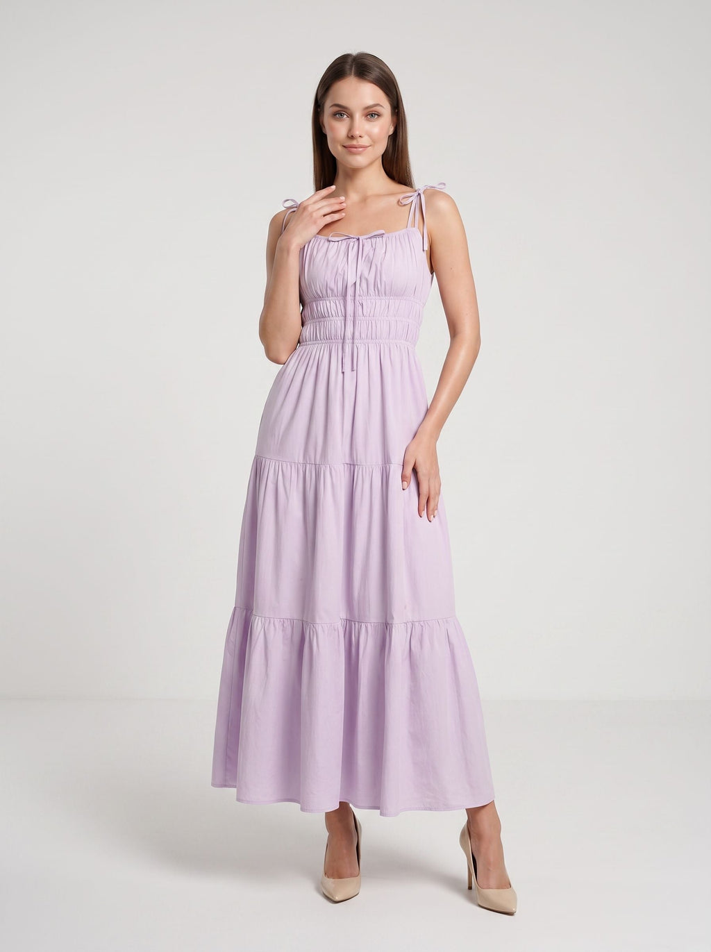 Lavender Matte Satin A-Line Square Neck Backless Ankle-Length Dress with Tiered Skirt and Adjustable Straps - Curvevia
