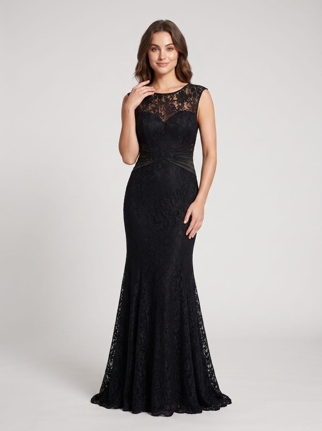 Black Lace Mermaid Scoop Neck V-Back Floor-Length Dress with Beaded bodice & Cap sleeves - Curvevia