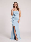 Sky Blue Satin Mermaid Sweetheart Back Zip Floor-Length Dress with Foldover Cuff - Curvevia