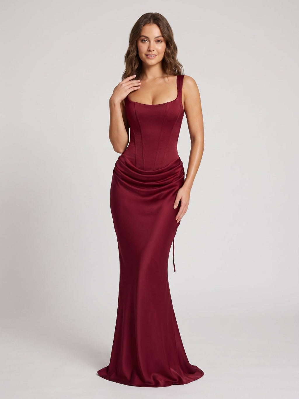 Burgundy Satin Mermaid Square Neck Lace-Up Back Floor Length Dress - Curvevia