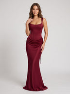 Burgundy Satin Mermaid Square Neck Lace-Up Back Floor Length Dress - Curvevia