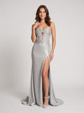 Silver Satin column Sweetheart Corset Back Floor-Length Dress with Sheer Bodice and Slit - Curvevia