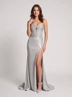 Silver Satin column Sweetheart Corset Back Floor-Length Dress with Sheer Bodice and Slit - Curvevia