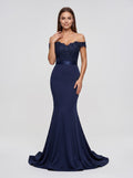 Navy Blue Matte Satin Mermaid Off-the-Shoulder Back Zip Floor-Length Dress with Sweep Train - Curvevia