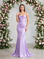 Lavender Satin Mermaid Cowl Neck Back Zip Floor-Length Dress with Draped Neckline - Curvevia