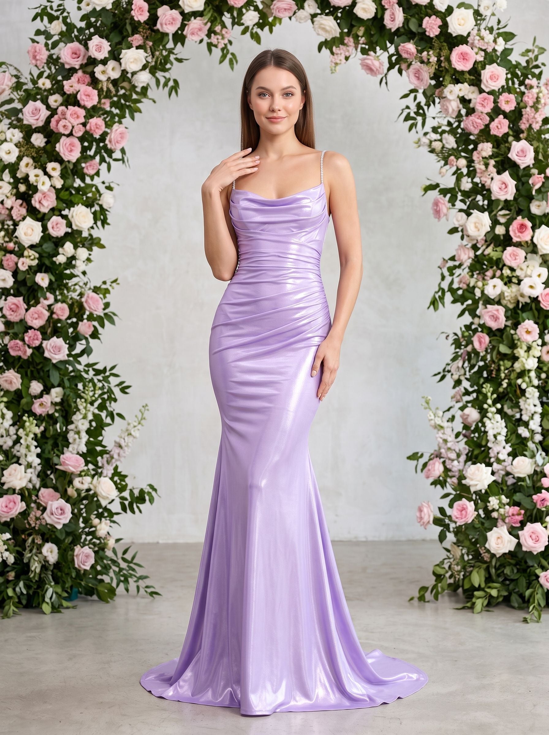 Lavender Satin Mermaid Cowl Neck Back Zip Floor-Length Dress with Draped Neckline - Curvevia