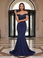 Navy Blue Matte Satin Mermaid Off-the-Shoulder Back Zip Floor-Length Dress with Sweep Train - Curvevia