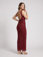 Wine Rhinestone Mesh Sheath Square Neck Backless Floor-Length Dress - Curvevia