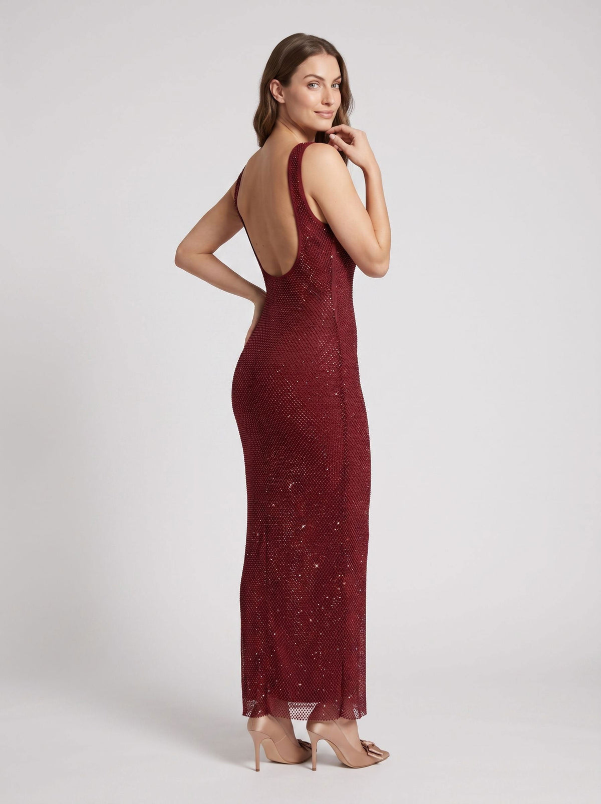 Wine Rhinestone Mesh Sheath Square Neck Backless Floor-Length Dress - Curvevia