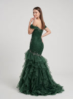 Forest Green Organza Mermaid Sweetheart Lace-Up Back Floor Length Dress - Curvevia
