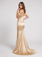 Gold Satin Mermaid Off-the-Shoulder Back Zip Floor-Length Dress with Ruched Bodice & Sweep Train - Curvevia