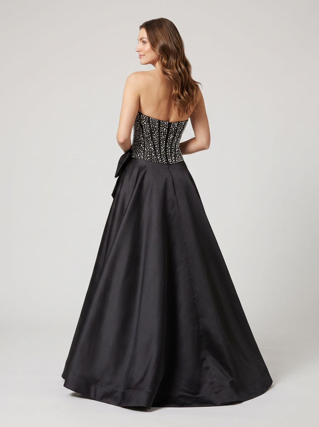 Black Satin A-Line Straight Neck Back Zip Floor-Length Dress with Beaded Bow - Curvevia