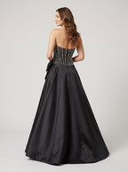 Black Satin A-Line Straight Neck Back Zip Floor-Length Dress with Beaded Bow - Curvevia