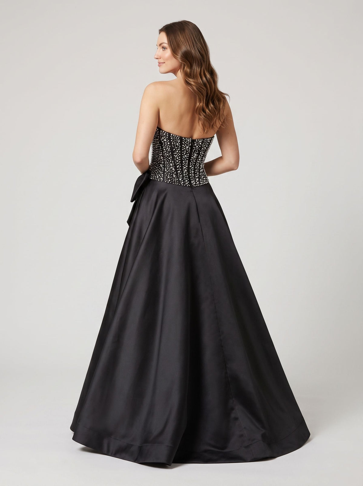 Black Satin A-Line Straight Neck Back Zip Floor-Length Dress with Beaded Bow - Curvevia