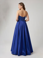 Navy Satin A-Line V-Neck Back Zip Floor-Length Dress with Beaded Bodice & Slit - Curvevia