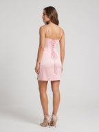 Blush Pink Satin Column Sweetheart Corset Back Mini Dress with Pearl-Embellished Straps - Curvevia