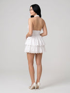 White Lace A-Line Halter neckline Back Zip Short Dress - Curvevia