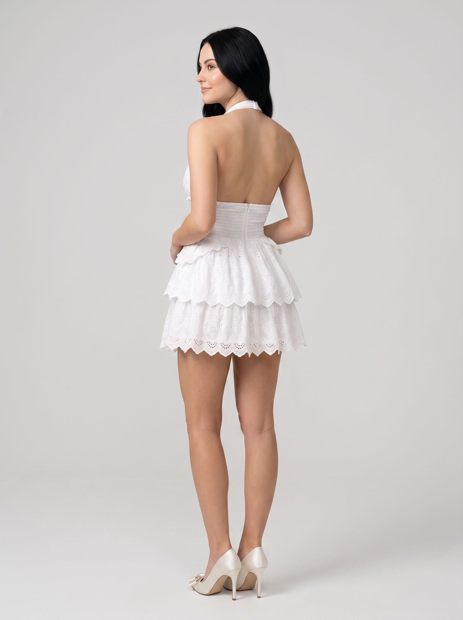 White Lace A-Line Halter neckline Back Zip Short Dress - Curvevia