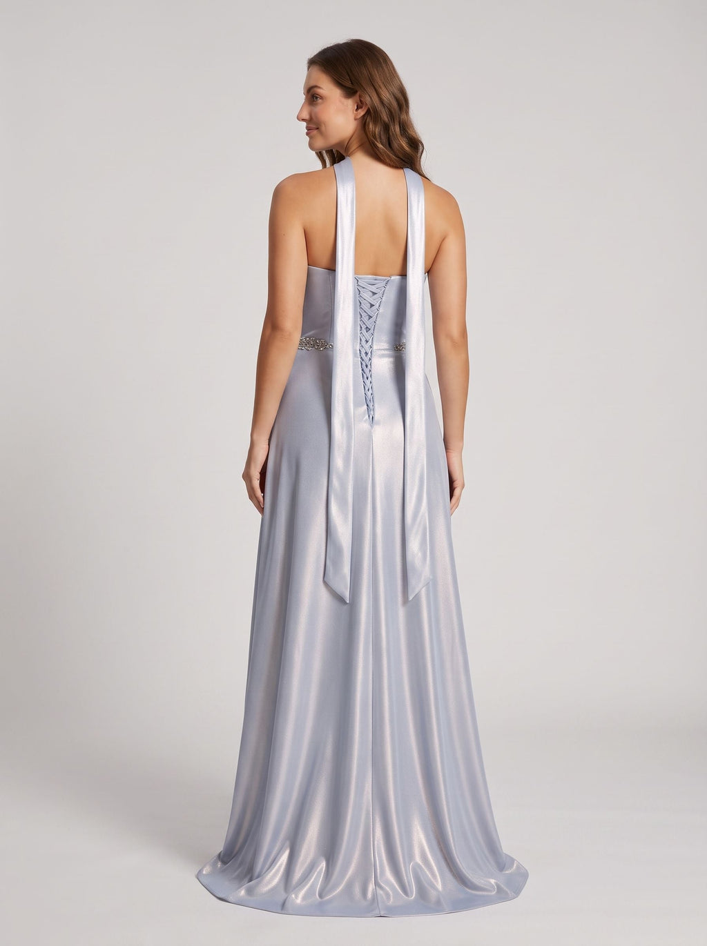 Silver Satin A-Line Straight Neck Criss-Cross Straps Floor-Length Dress with Crystal Belt - Curvevia