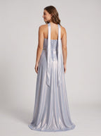 Silver Satin A-Line Straight Neck Criss-Cross Straps Floor-Length Dress with Crystal Belt - Curvevia