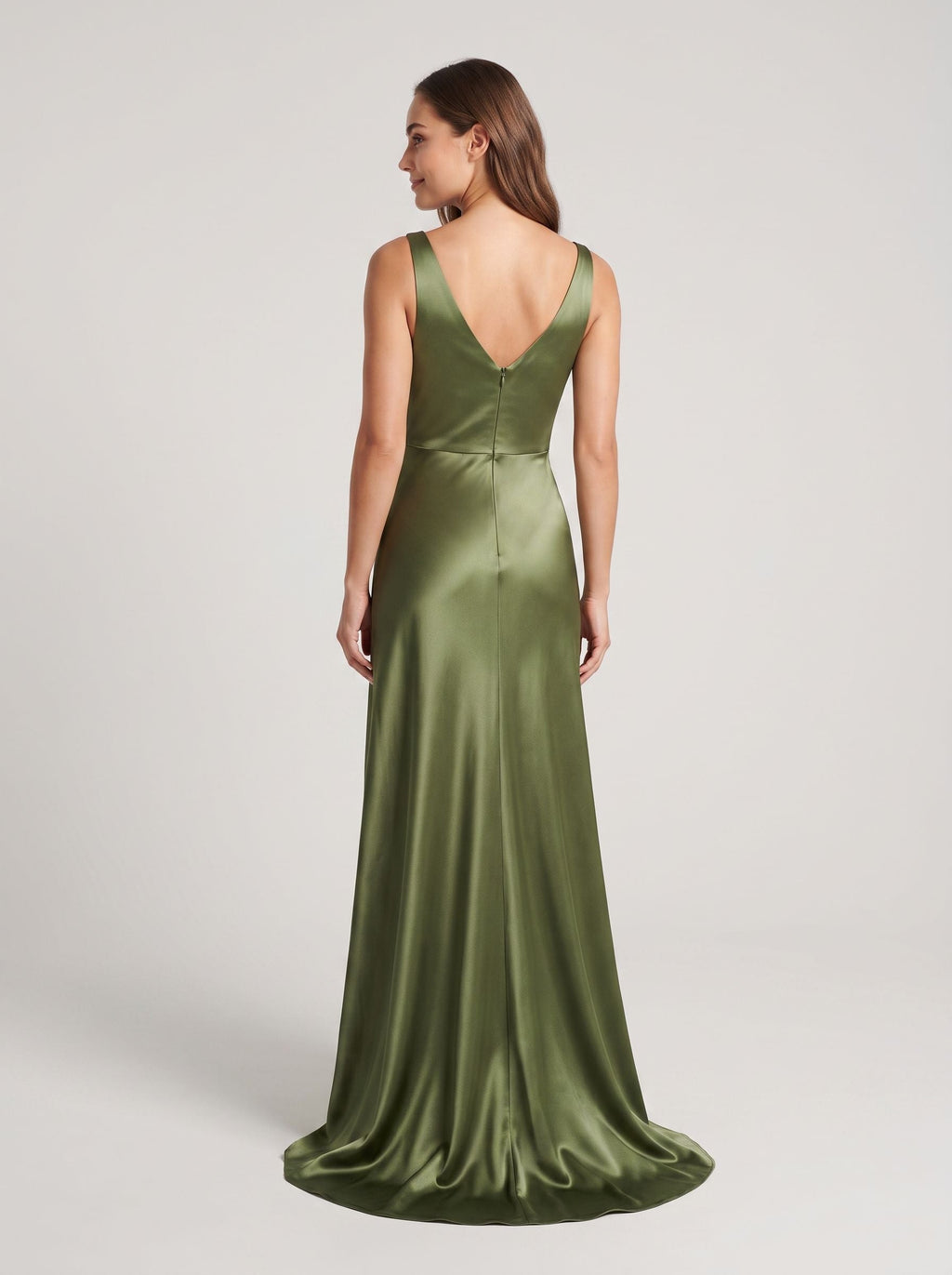 Olive Green Satin A-Line V-Neck V-Back Floor-Length Dress with Pleated Bodice - Curvevia