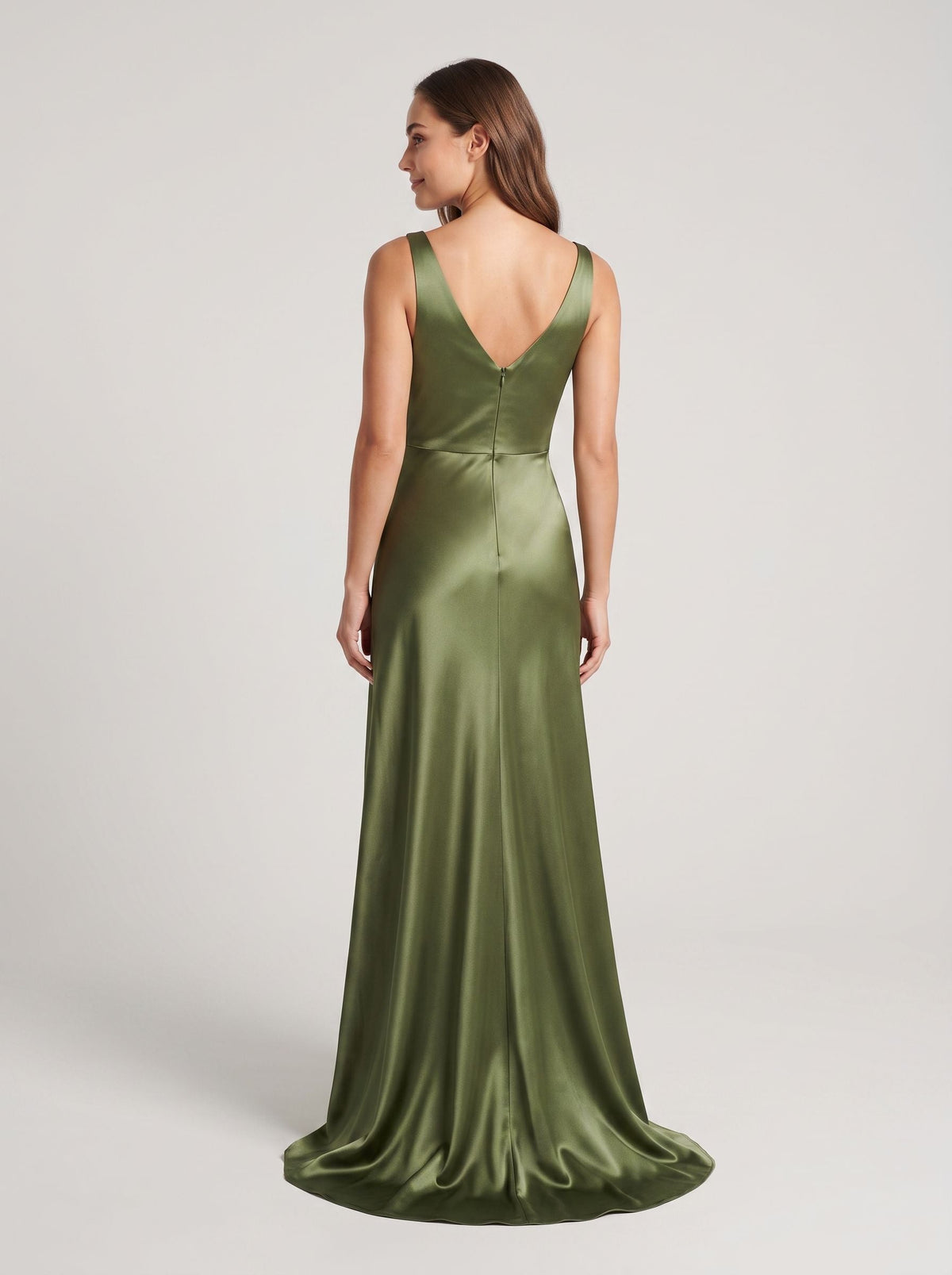 Olive Green Satin A-Line V-Neck V-Back Floor-Length Dress with Pleated Bodice - Curvevia